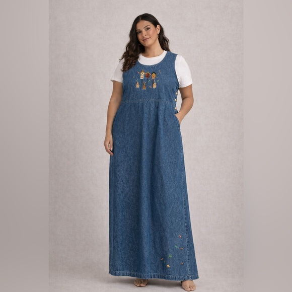 Bechamel Dresses & Skirts - Bechamel  Embroidered Denim Sleeveless Maxi Jumper Birdhouse Cats Cottagecore XL